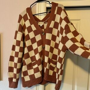 American Eagle Oversized Cream and Orange Checkered Cardigan, size XL